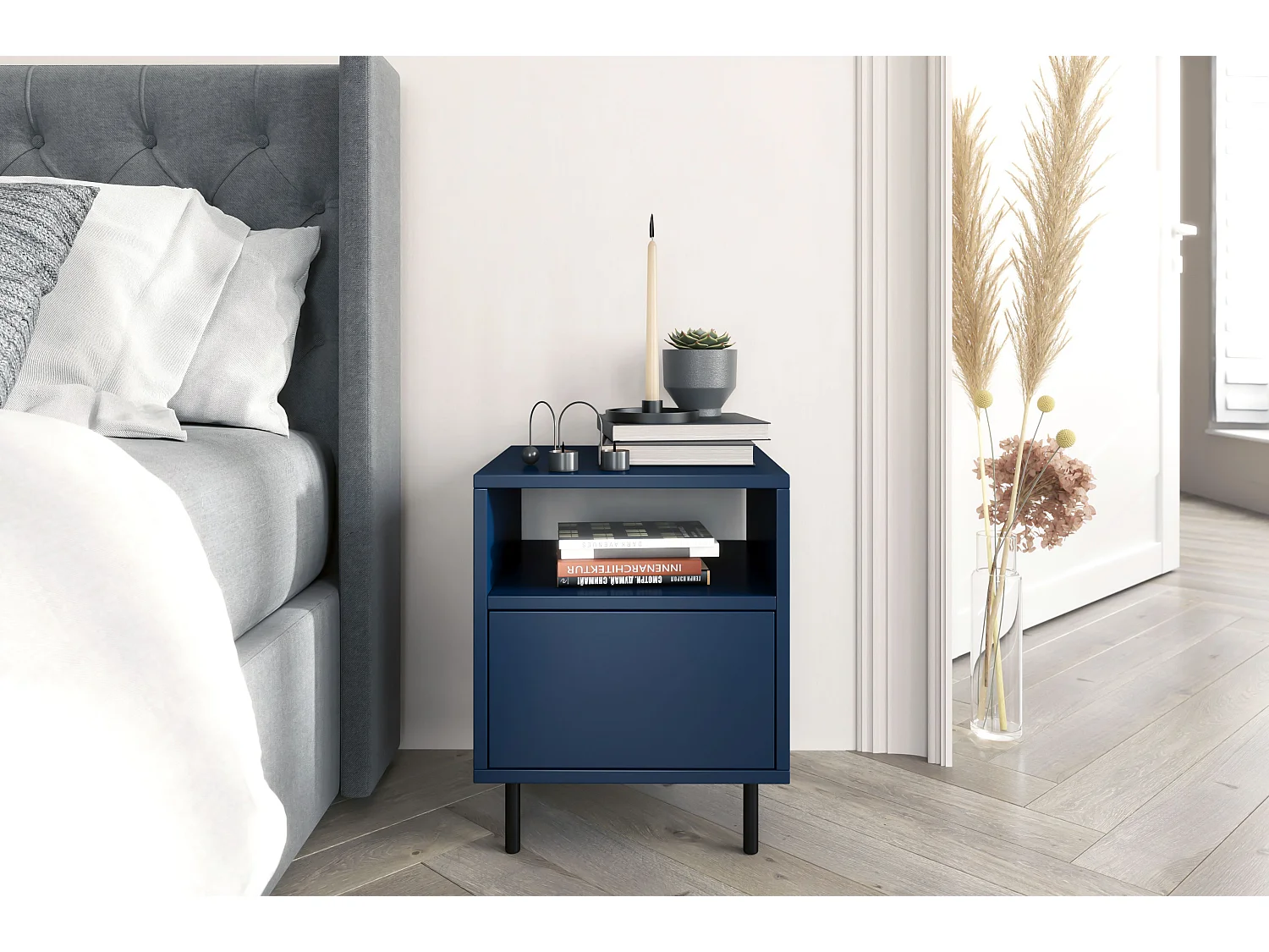 Nachttisch Mirka, marinblau, push to open system, minimalistisch