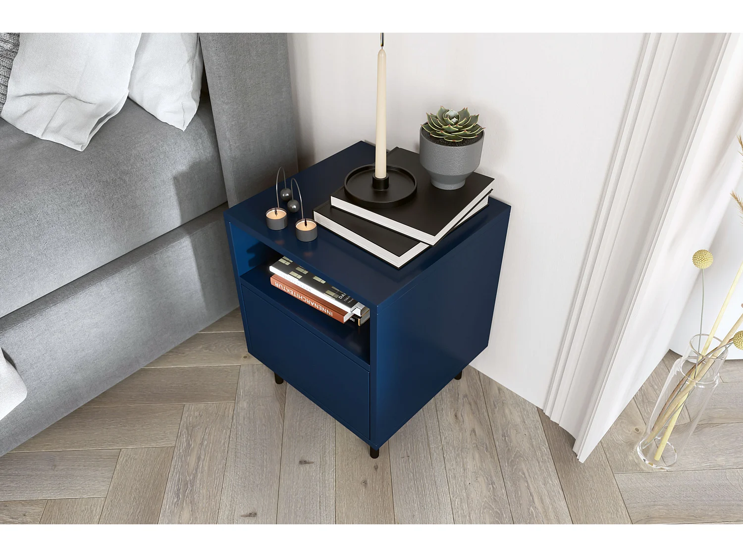 Nachttisch Mirka, marinblau, push to open system, minimalistisch