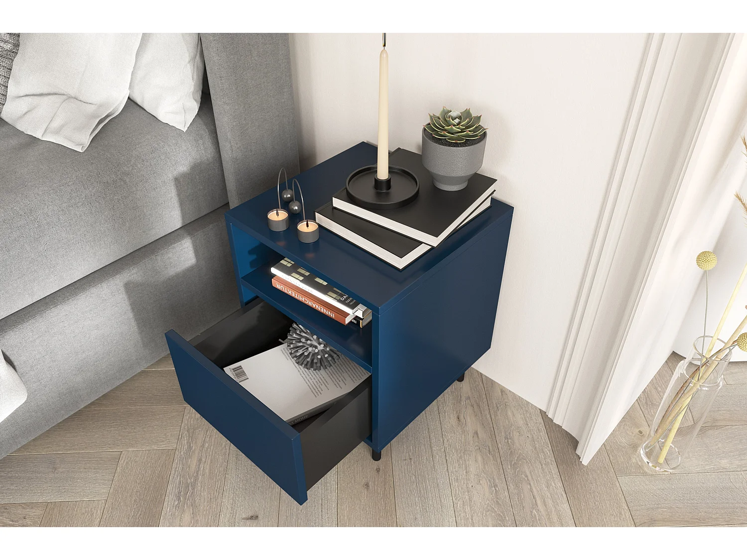 Nachttisch Mirka, marinblau, push to open system, minimalistisch