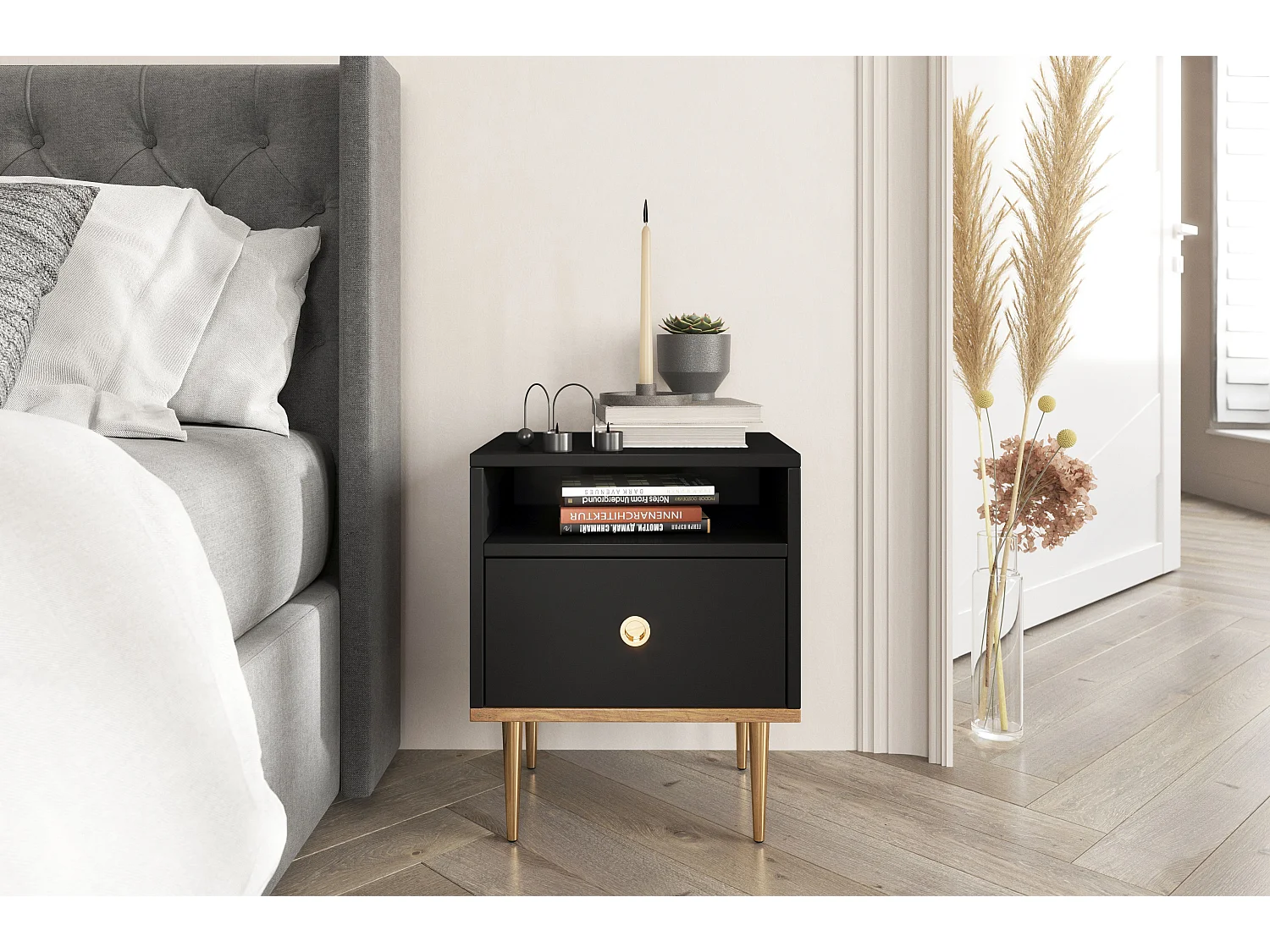 Nachttisch Harmoni, schwarz, eiche, goldene details