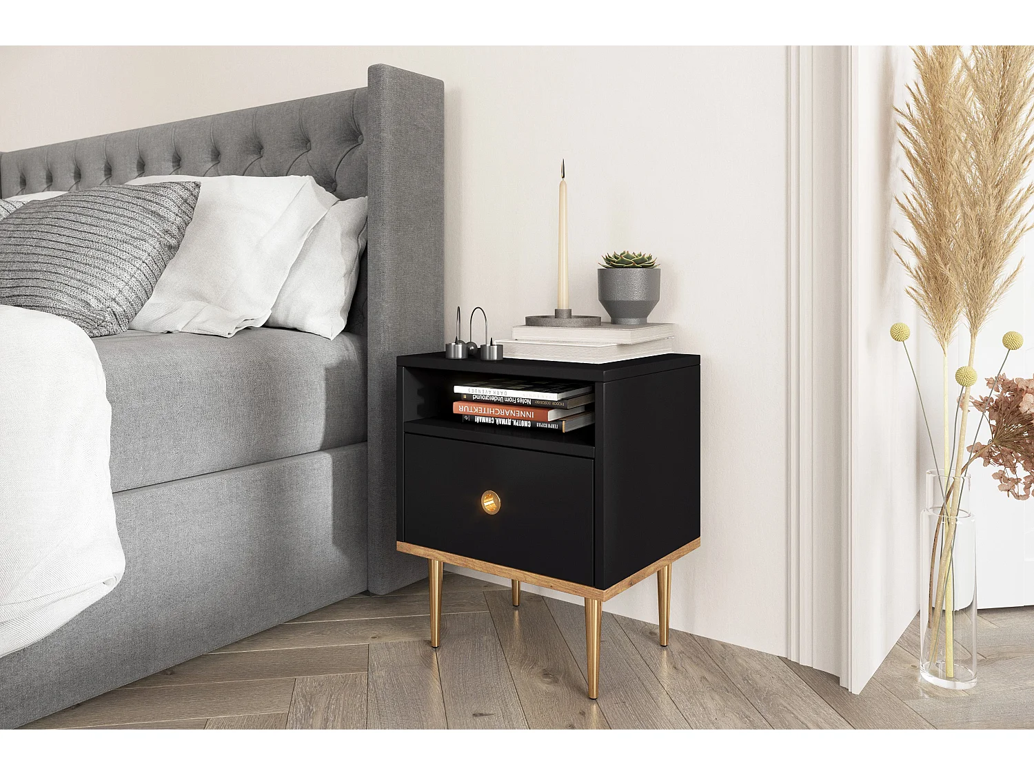 Nachttisch Harmoni, schwarz, eiche, goldene details