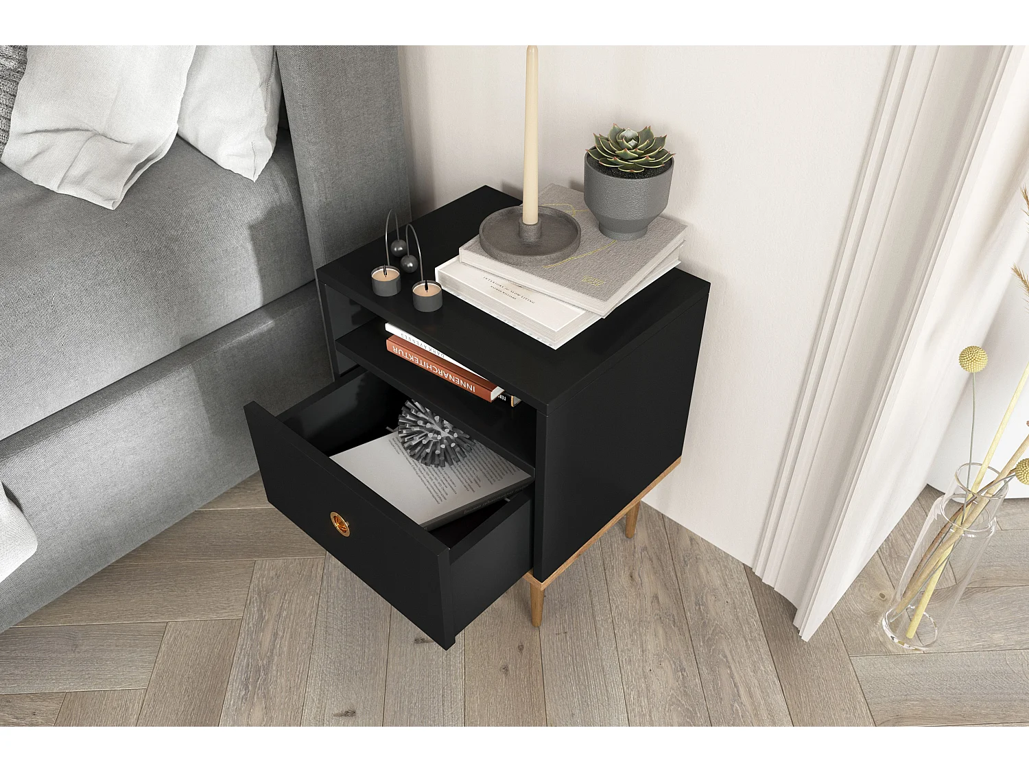 Nachttisch Harmoni, schwarz, eiche, goldene details