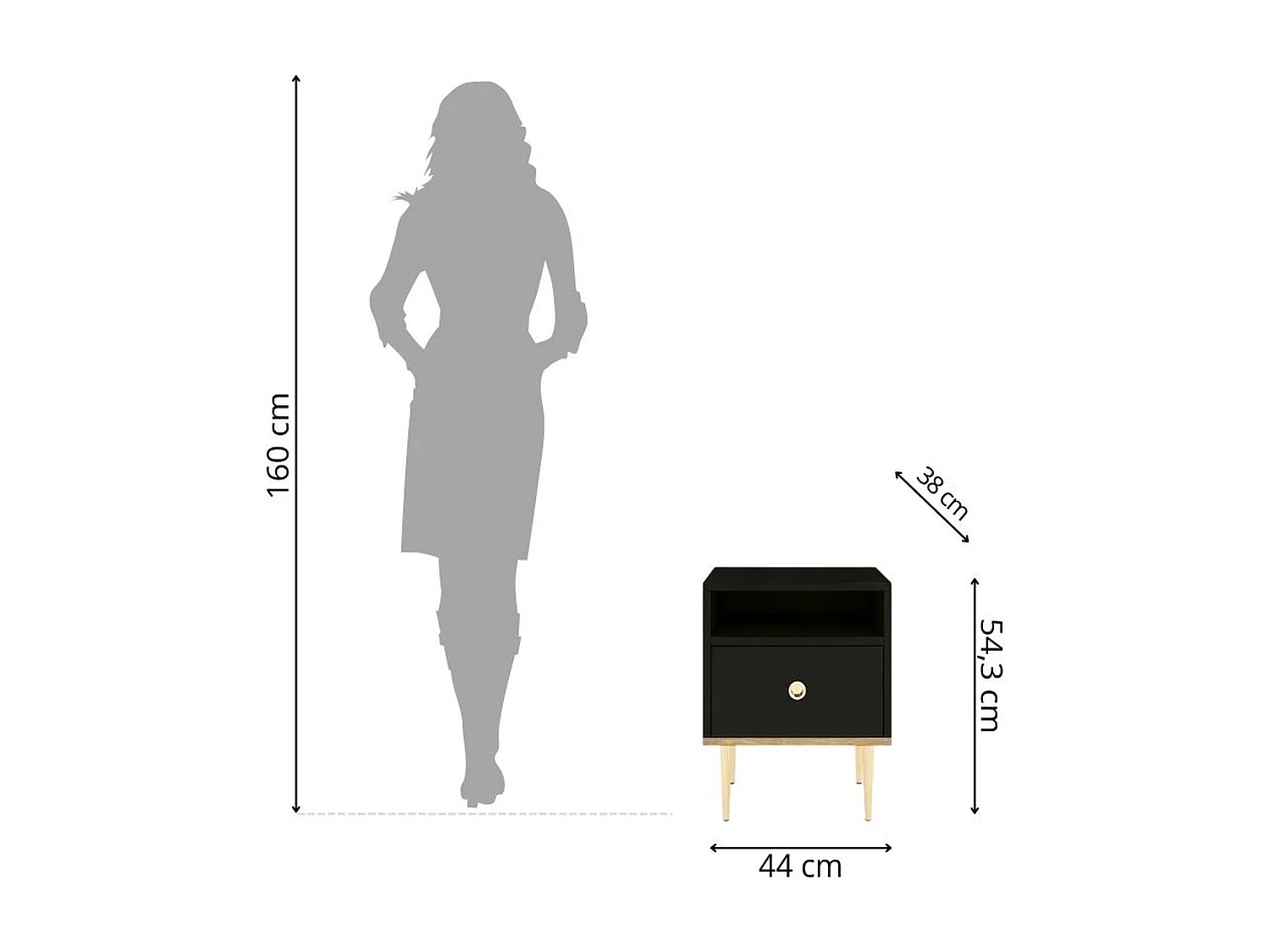 Nachttisch Harmoni, schwarz, eiche, goldene details