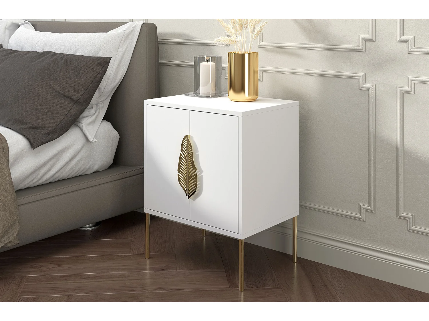 Nachttisch Merlin, weiß, goldene details