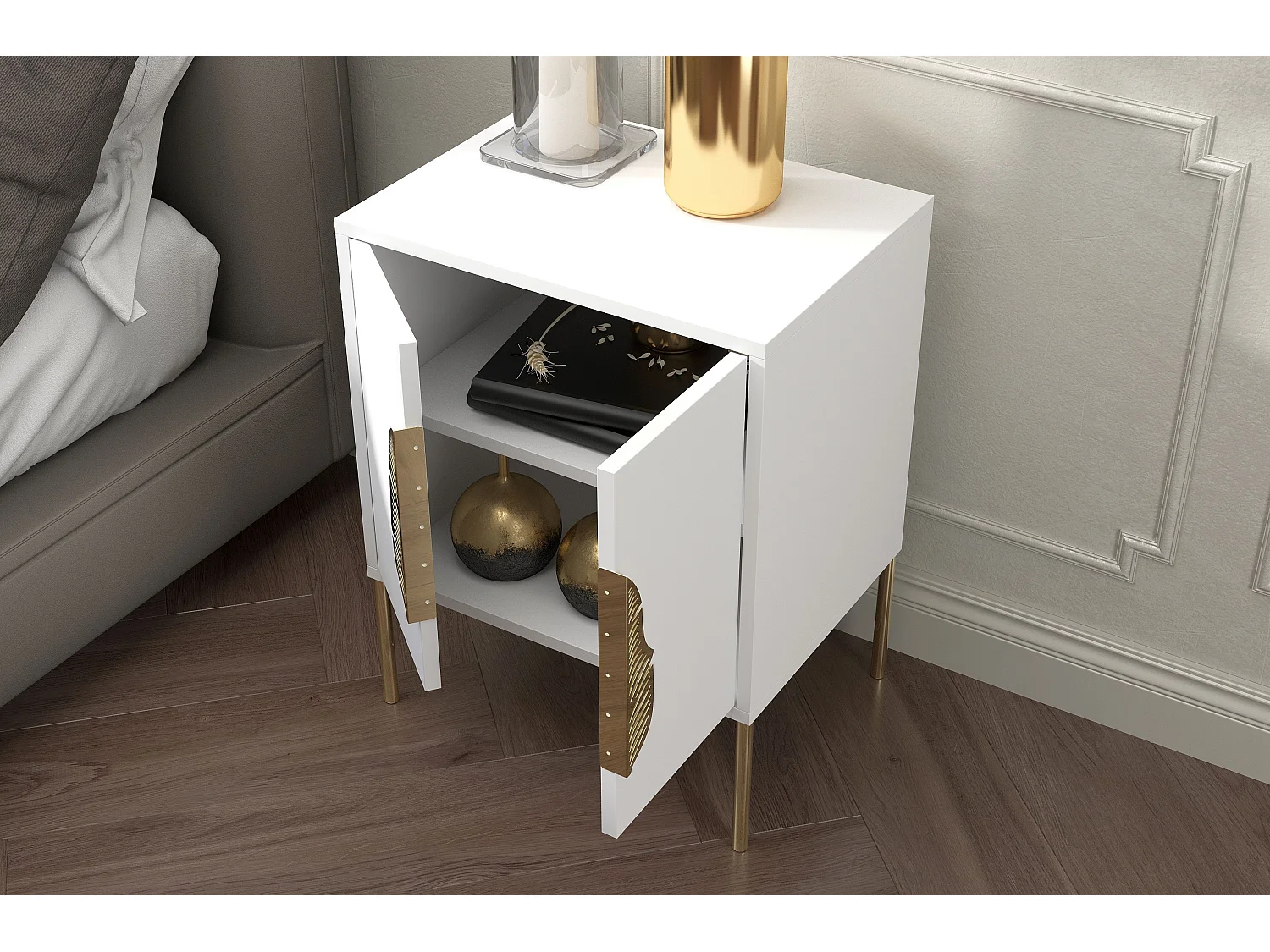 Nachttisch Merlin, weiß, goldene details