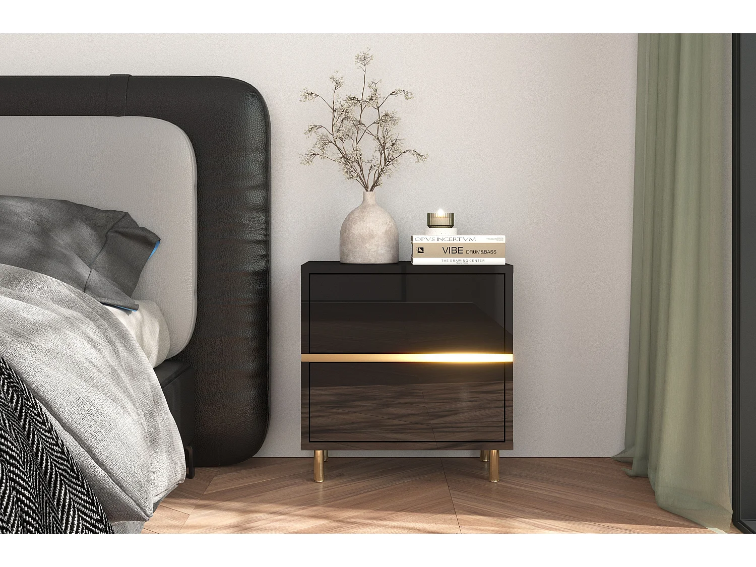 Table de chevet élégante noire MARIKA avec des accents dorés / 49 cm