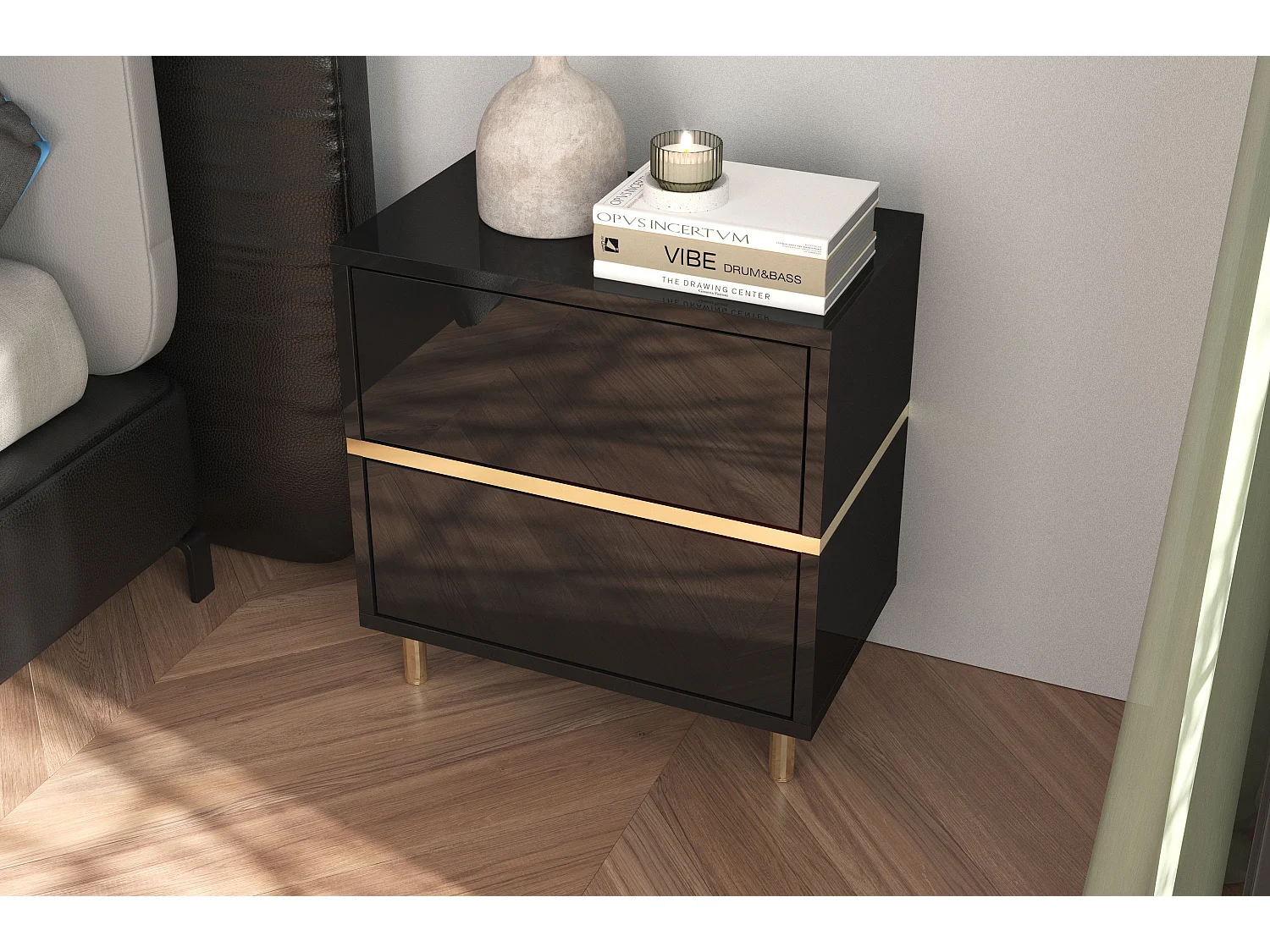 Table de chevet élégante noire MARIKA avec des accents dorés / 49 cm