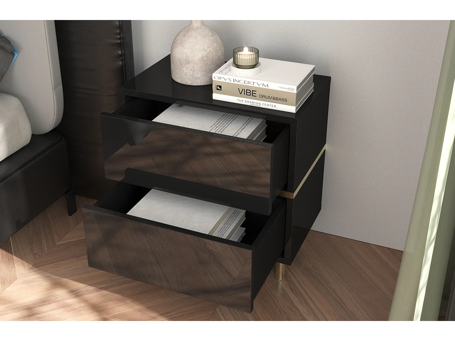 Table de chevet élégante noire MARIKA avec des accents dorés / 49 cm