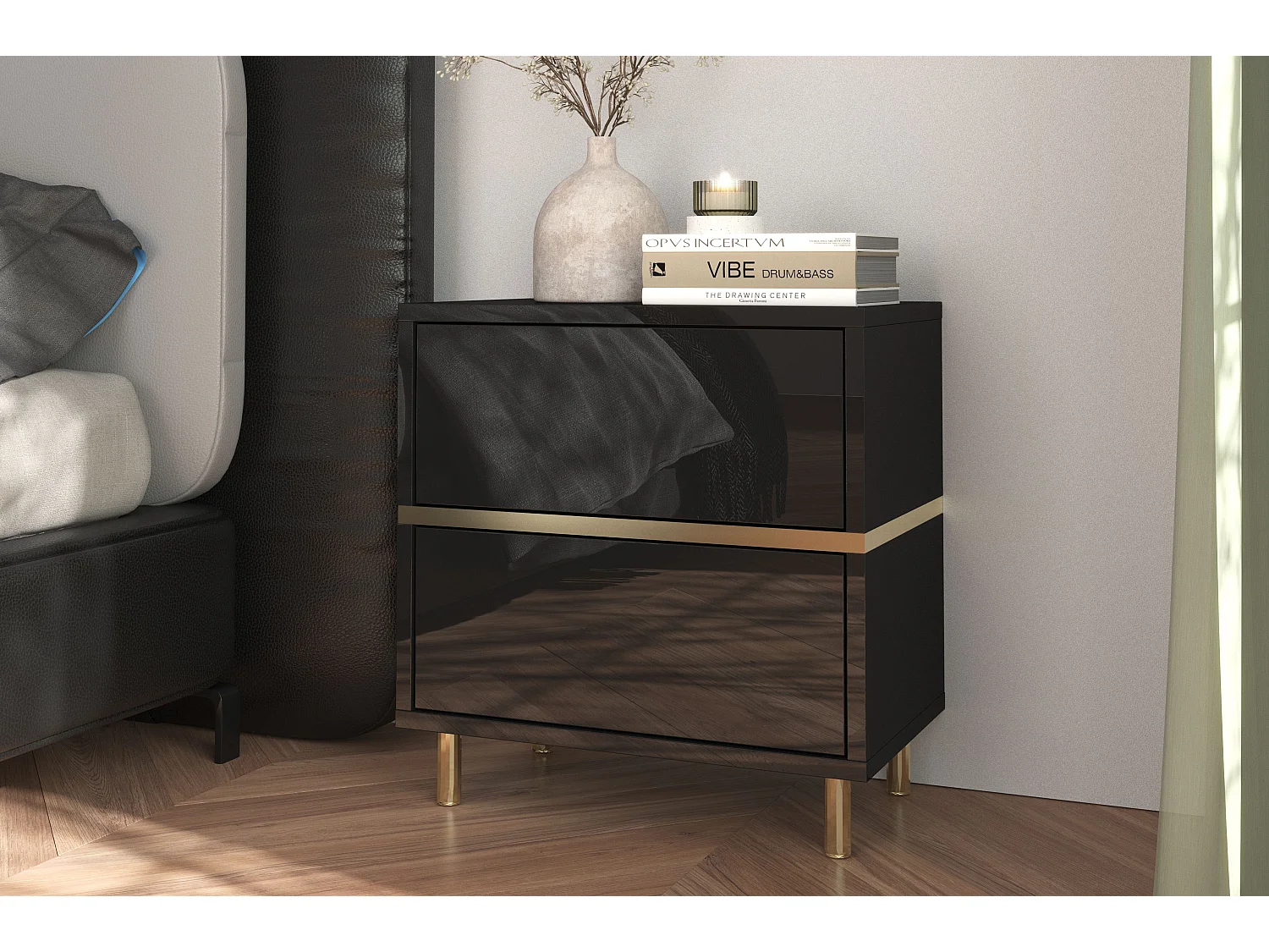 Table de chevet élégante noire MARIKA avec des accents dorés / 49 cm