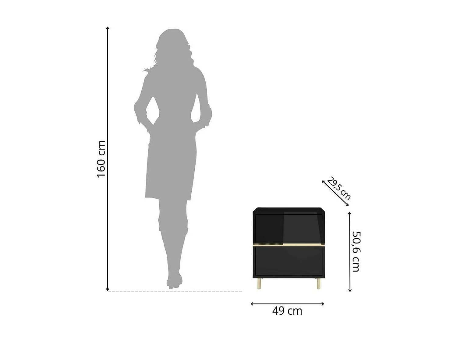 Table de chevet élégante noire MARIKA avec des accents dorés / 49 cm