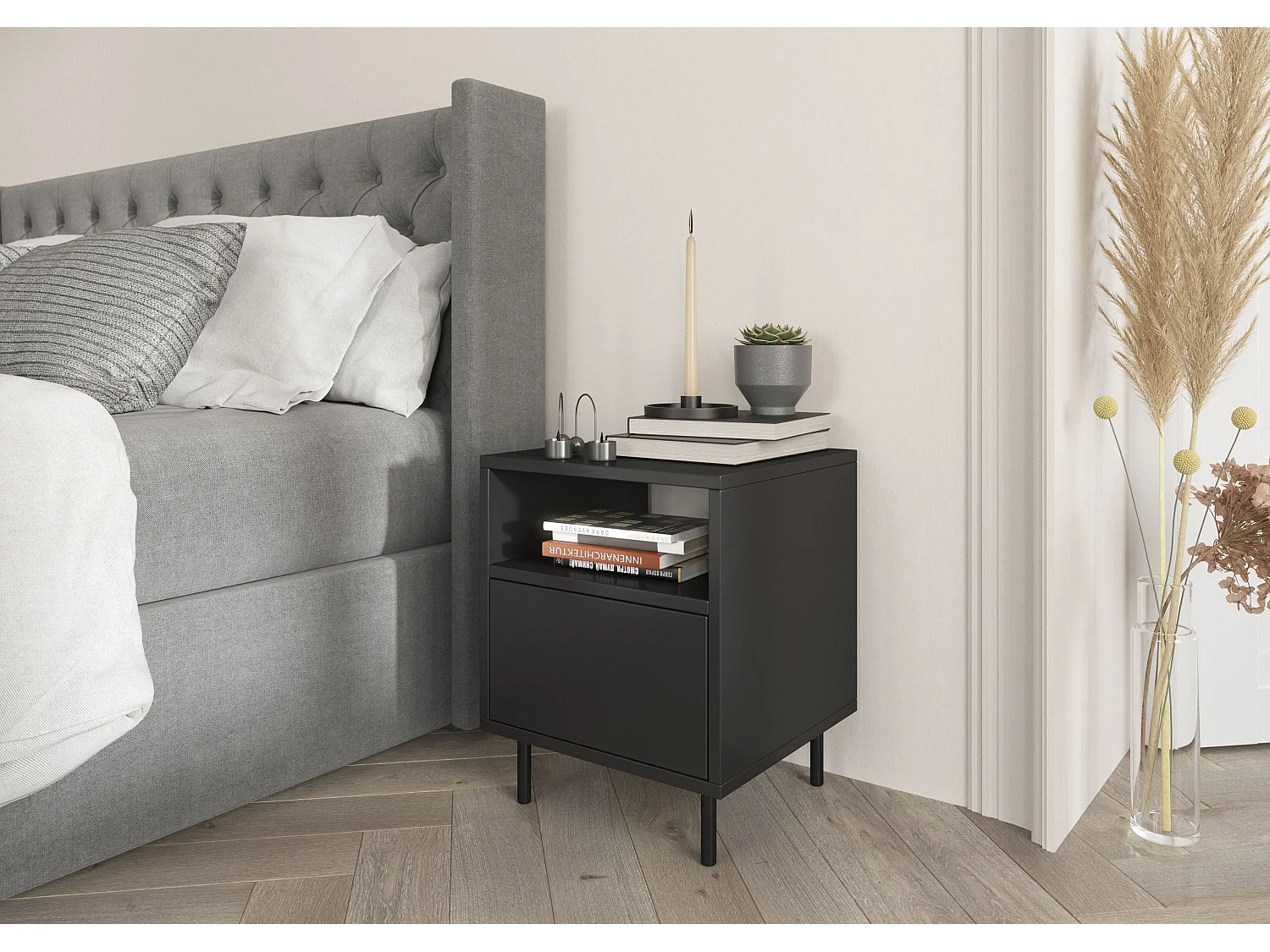 Nachttisch Mirka, schwarz, push to open system, minimalistisch