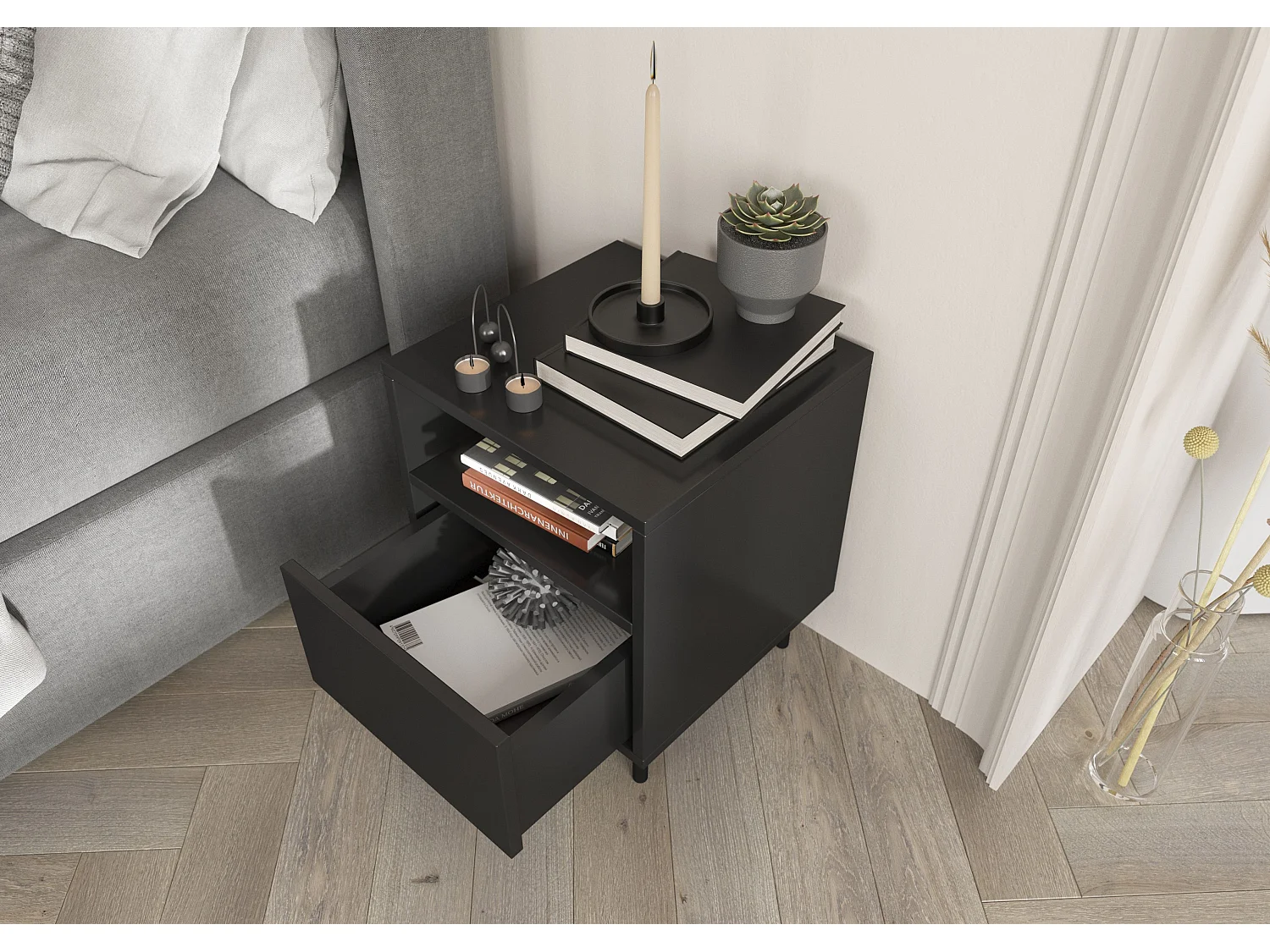 Nachttisch Mirka, schwarz, push to open system, minimalistisch