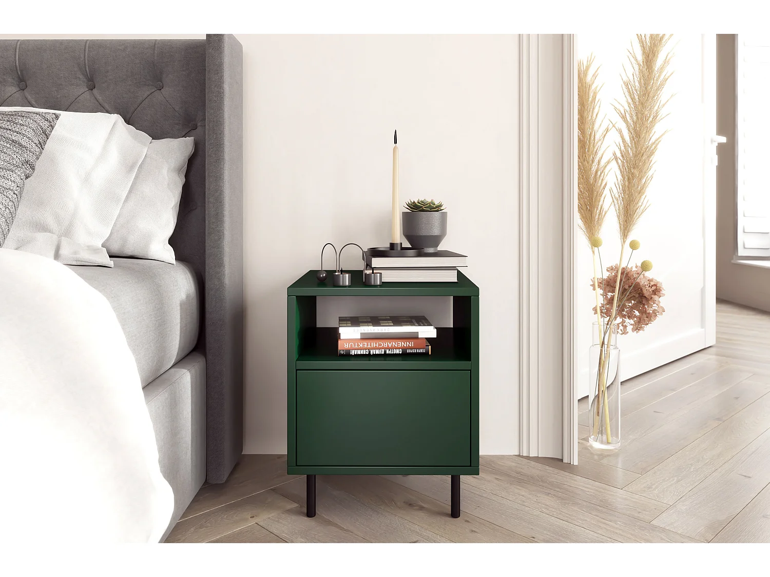 Nachttisch Mirka, grün, push to open system, minimalistisch