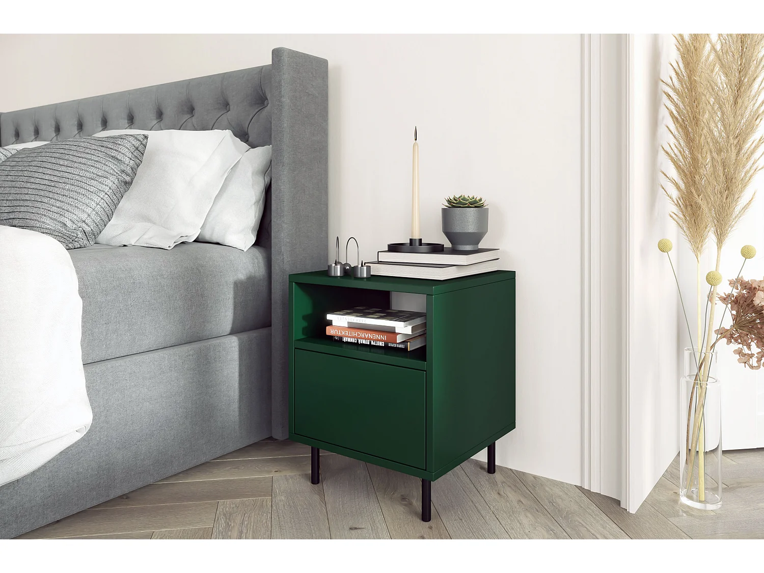 Nachttisch Mirka, grün, push to open system, minimalistisch