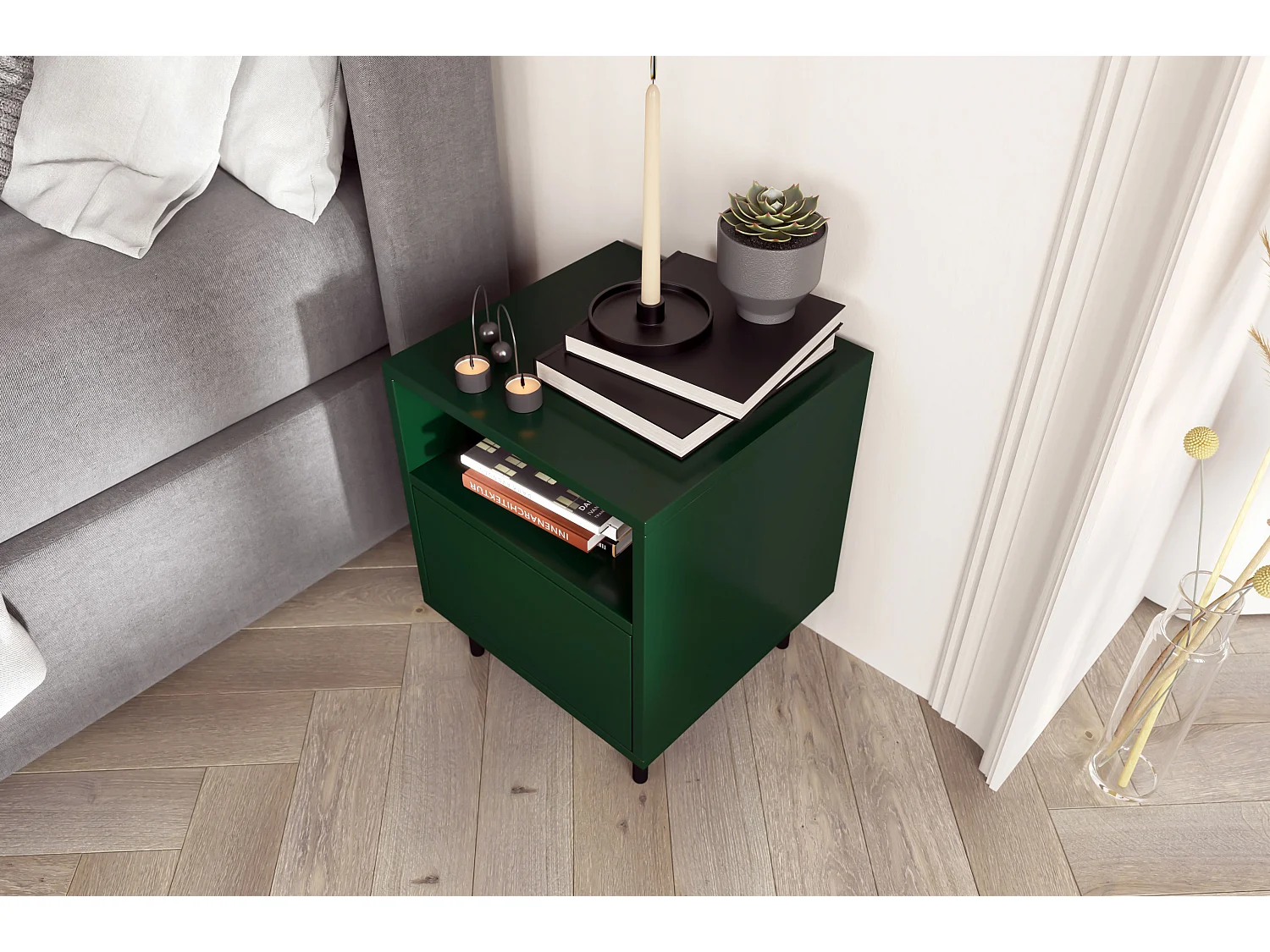 Nachttisch Mirka, grün, push to open system, minimalistisch