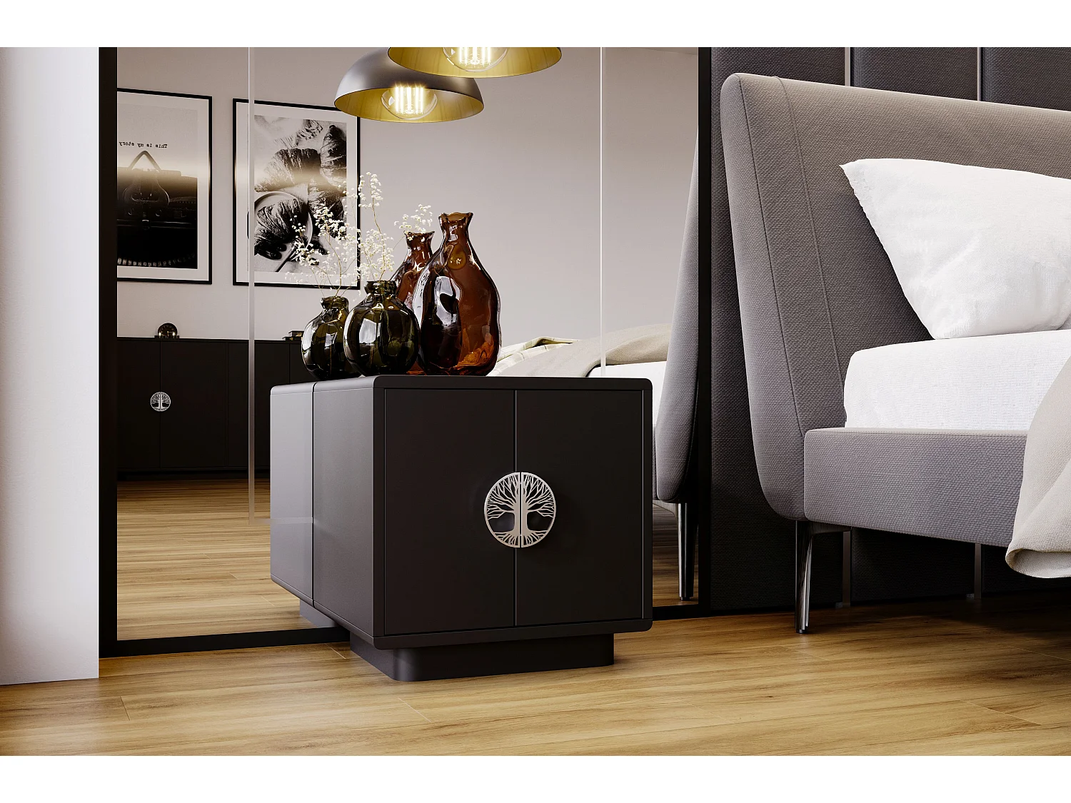 Nachttisch Lotta, schwarz, silberne griffen, abgerundete kanten