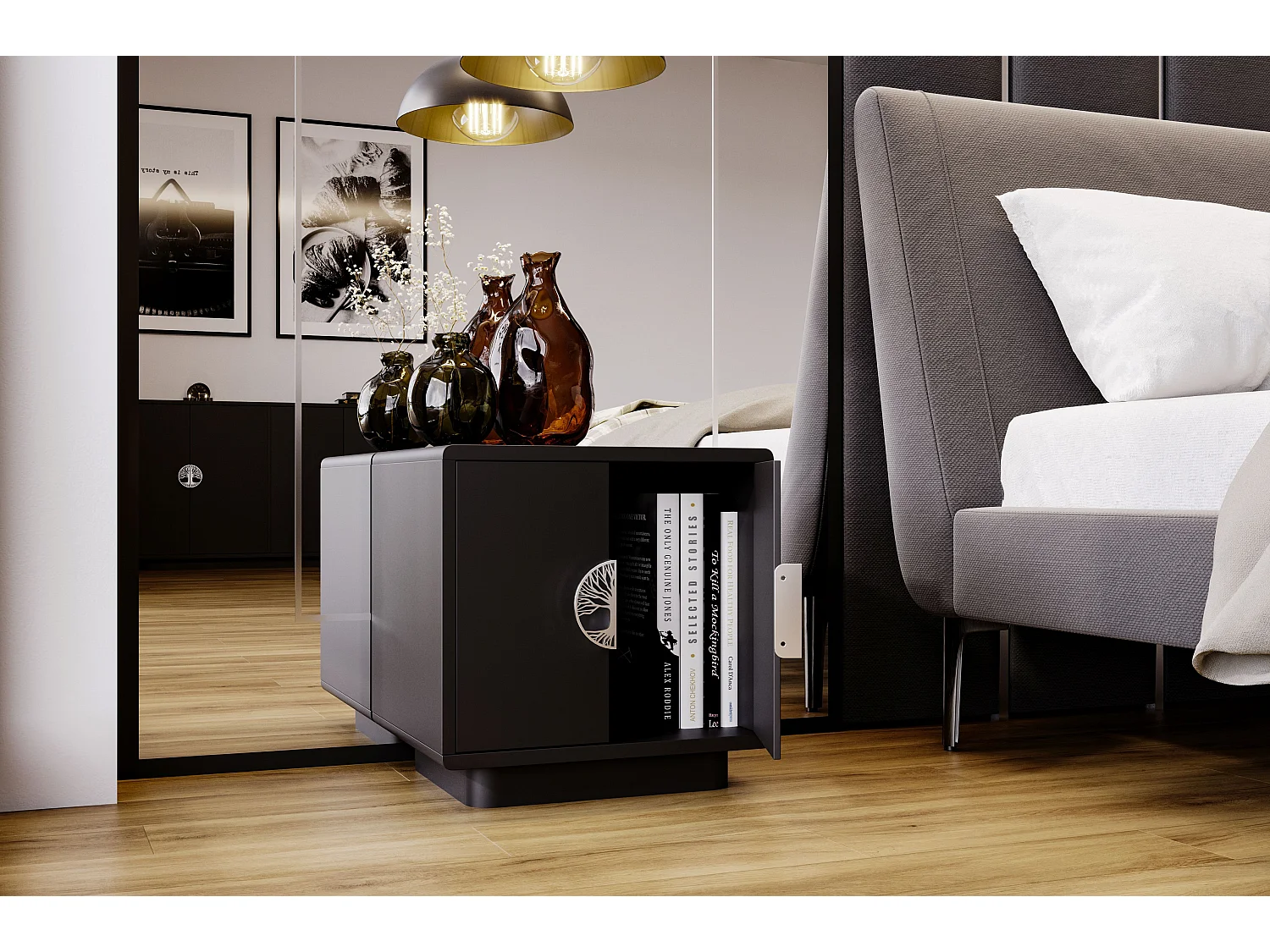 Nachttisch Lotta, schwarz, silberne griffen, abgerundete kanten