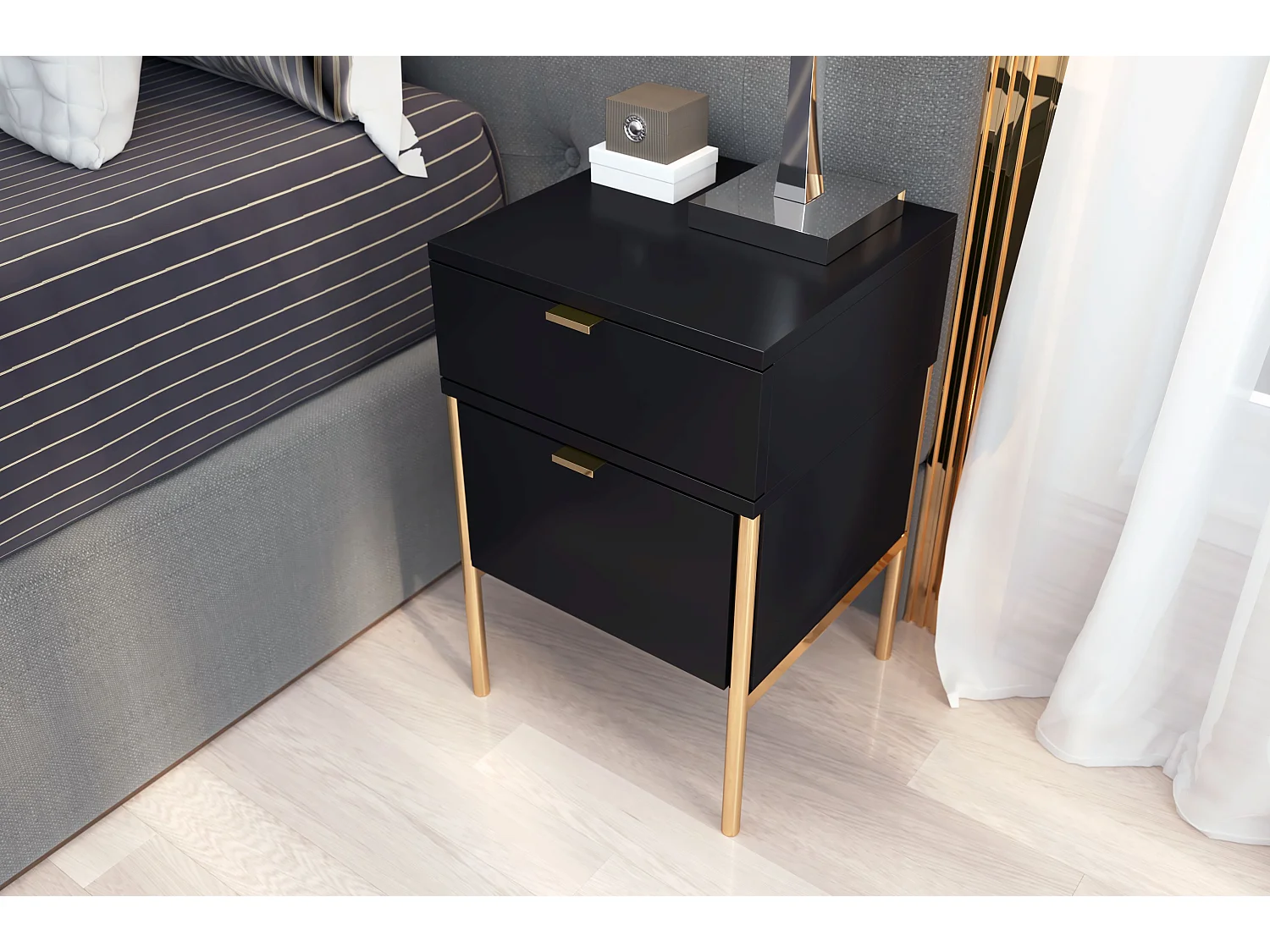 Table de chevet élégante noire POLKA sur des pieds dorés / 38 cm