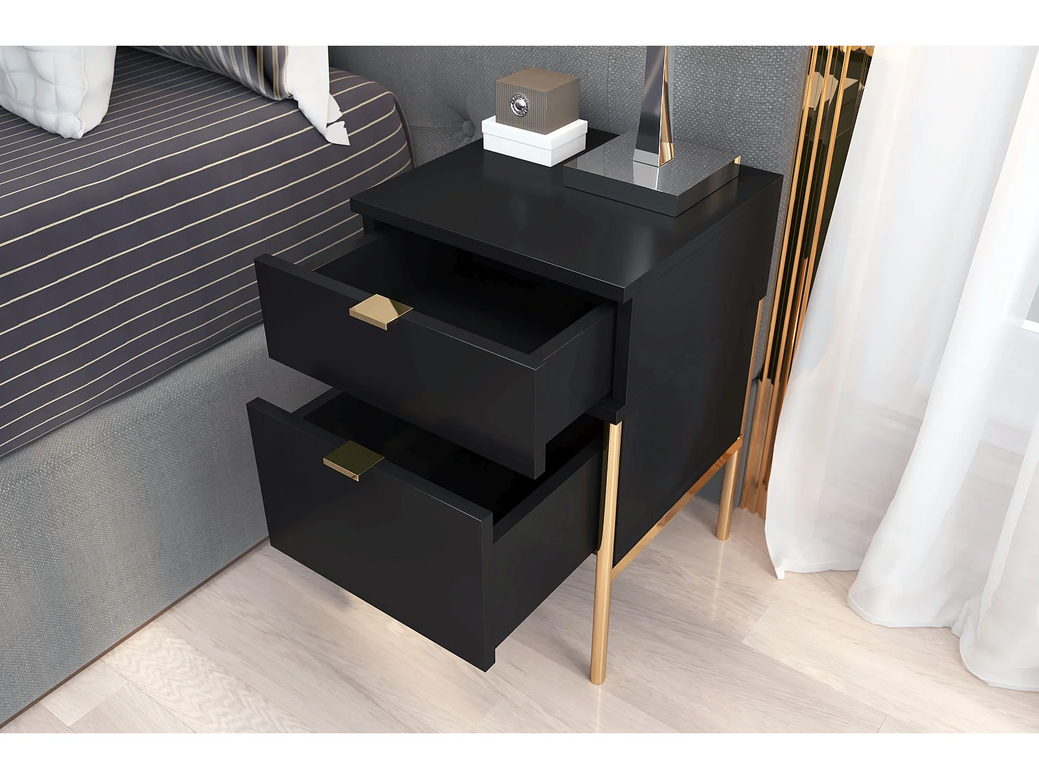 Table de chevet élégante noire POLKA sur des pieds dorés / 38 cm