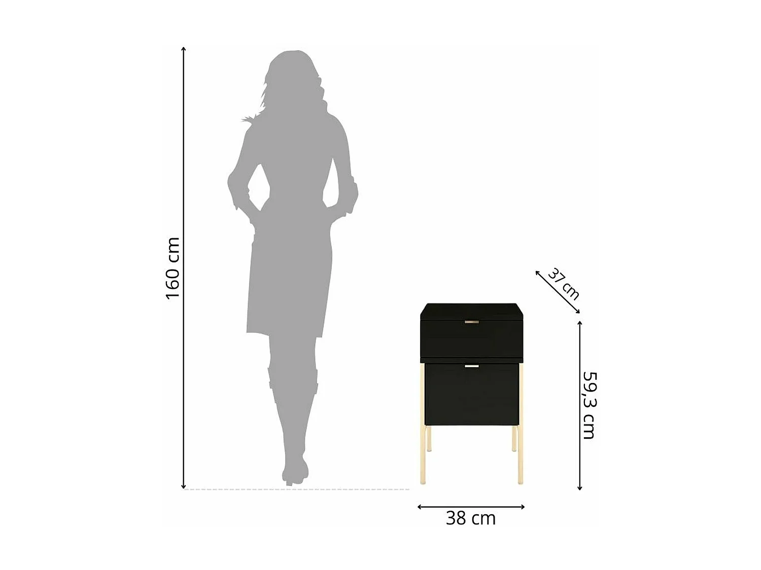 Table de chevet élégante noire POLKA sur des pieds dorés / 38 cm
