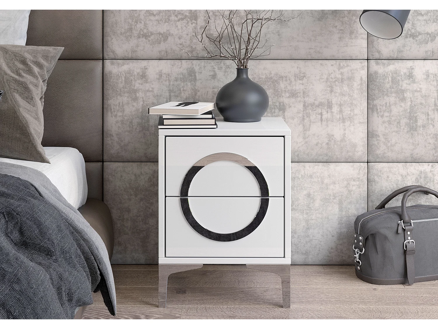 Nachttisch Eva, weiß, silberne akzente, hochlglanz