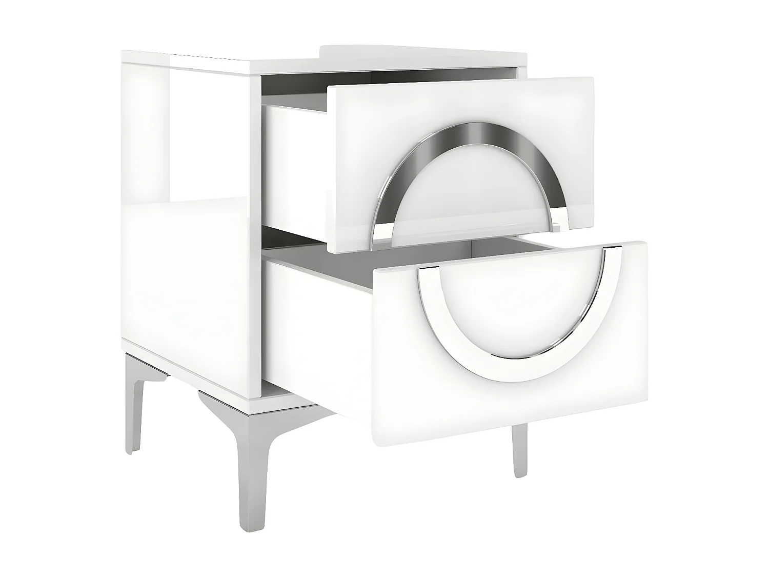 Nachttisch Eva, weiß, silberne akzente, hochlglanz