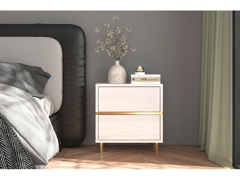 Table de chevet élégante blanche MARIKA avec des accents dorés / 49 cm
