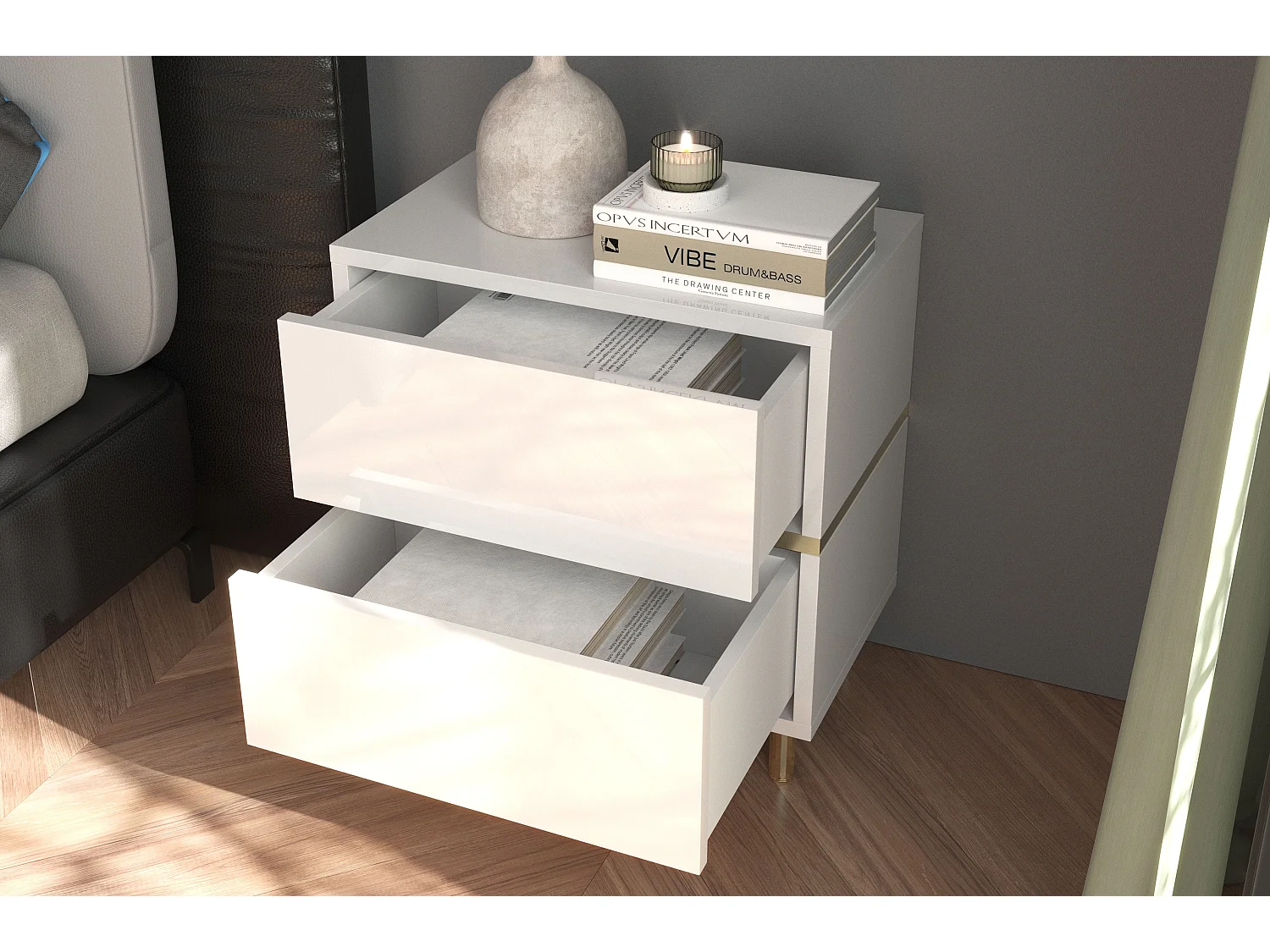 Biała szafka nocna Dancan MARIKA ze złotymi dodatkami