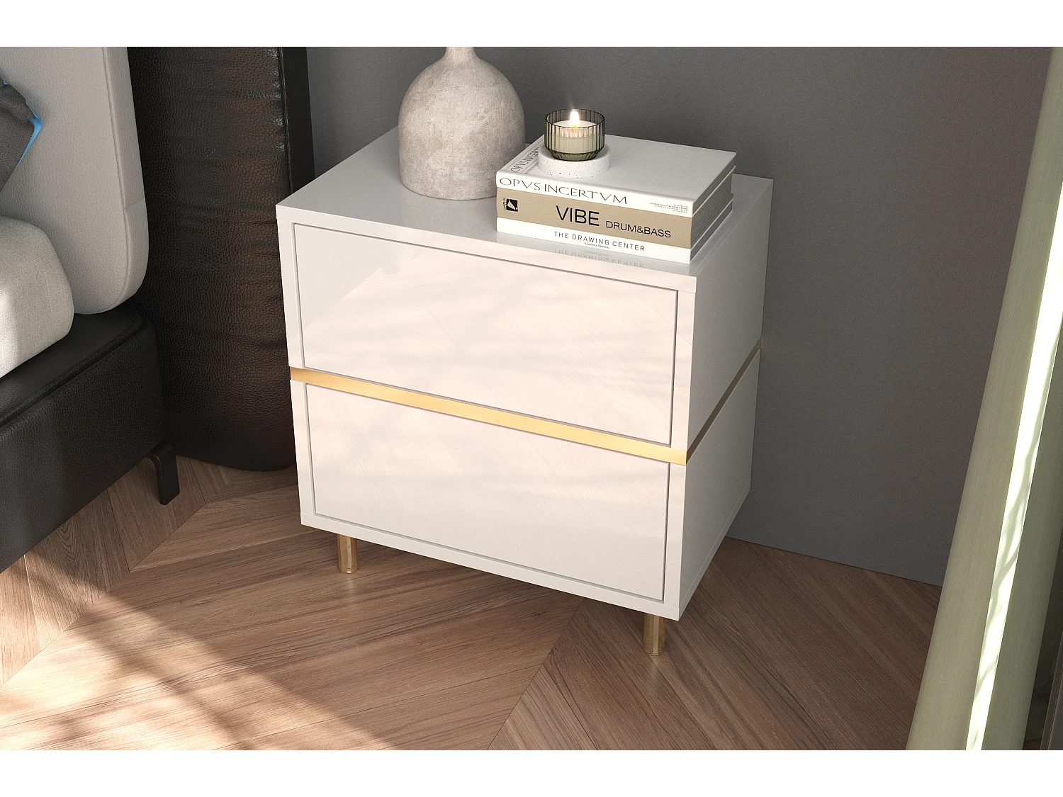 Table de chevet élégante blanche MARIKA avec des accents dorés / 49 cm