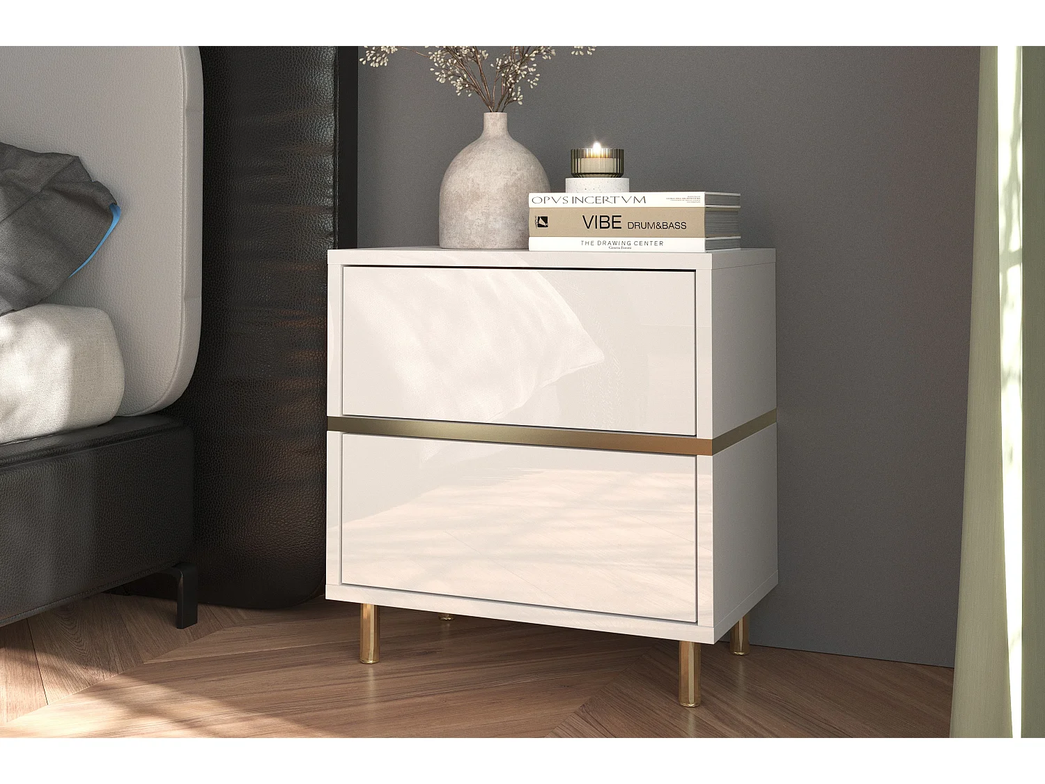 Table de chevet élégante blanche MARIKA avec des accents dorés / 49 cm