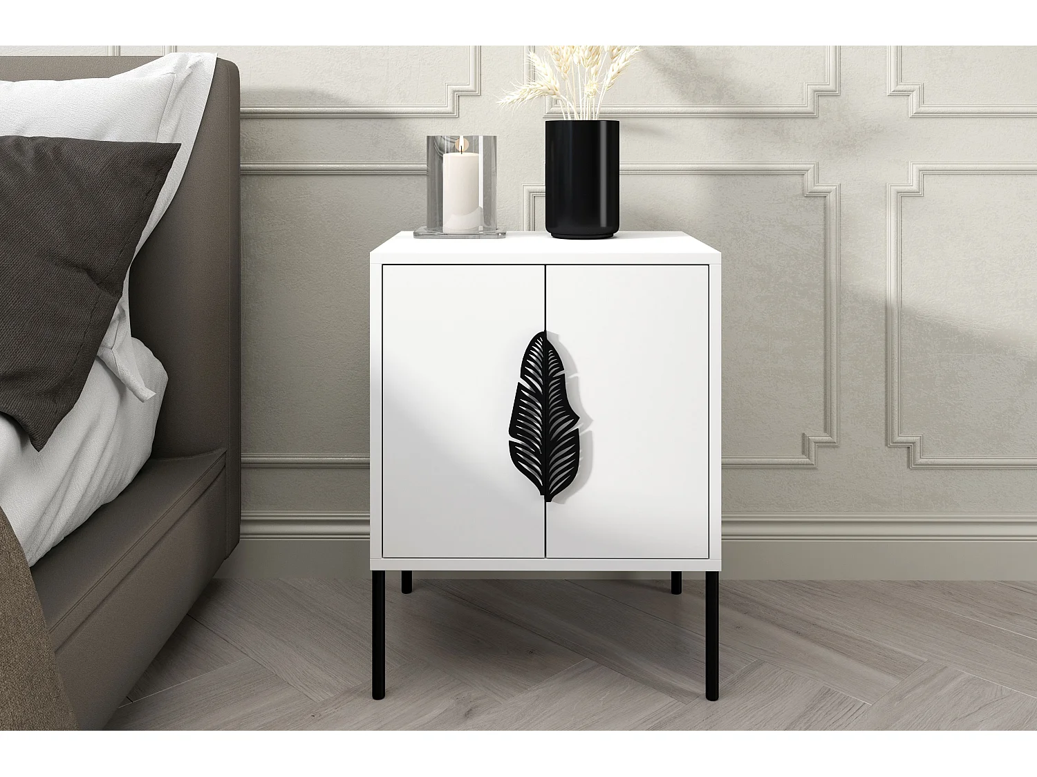 Biała szafka nocna Skandica MERLIN z czarnymi dodatkami