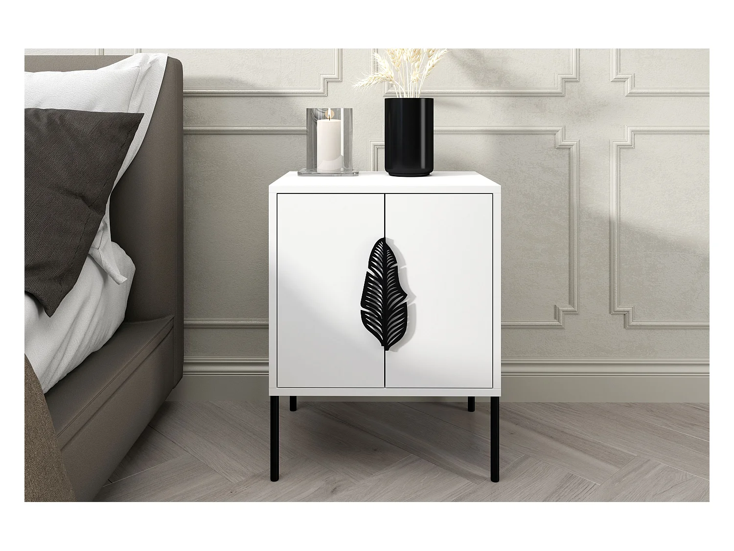 Table de chevet blanche MERLIN avec des accents noirs / 54 cm