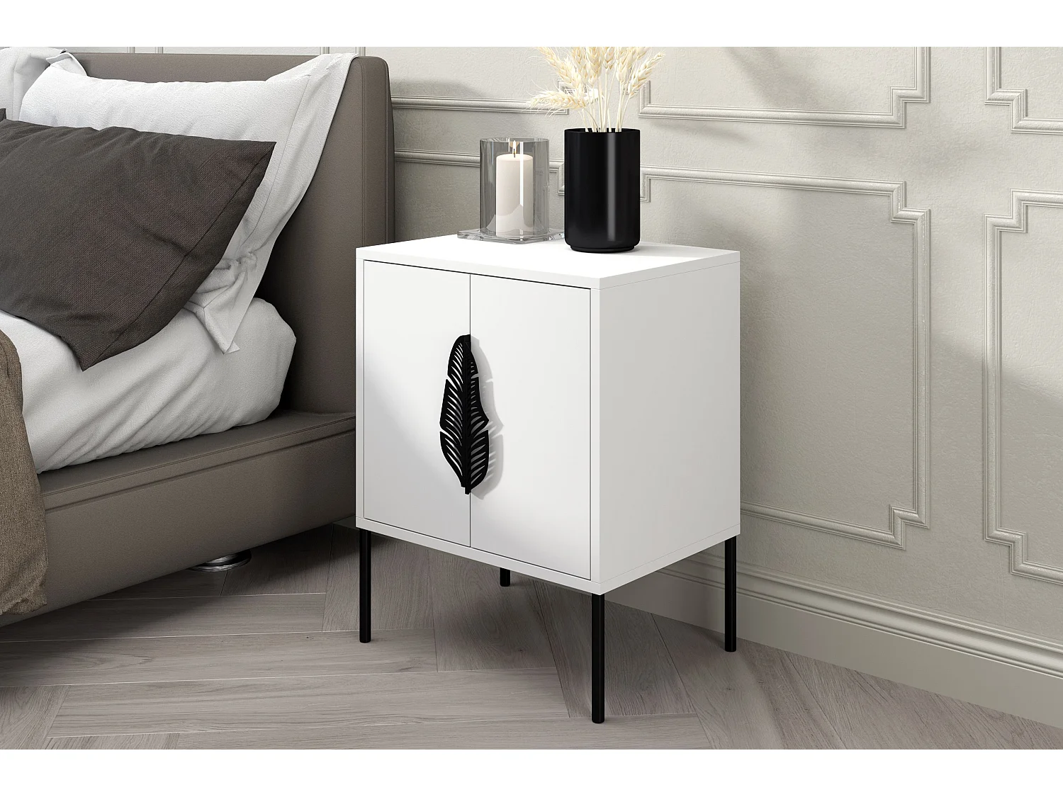 Nachttisch Merlin, weiß, schwarze details