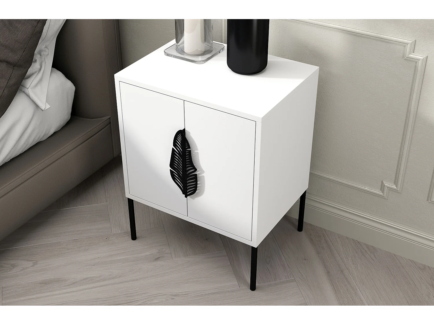 Nachttisch Merlin, weiß, schwarze details