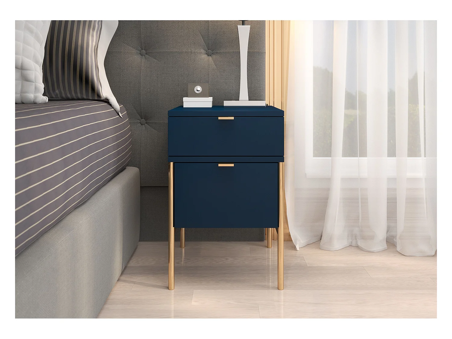 Table de chevet élégante bleu marine POLKA sur pieds dorés / 38 cm