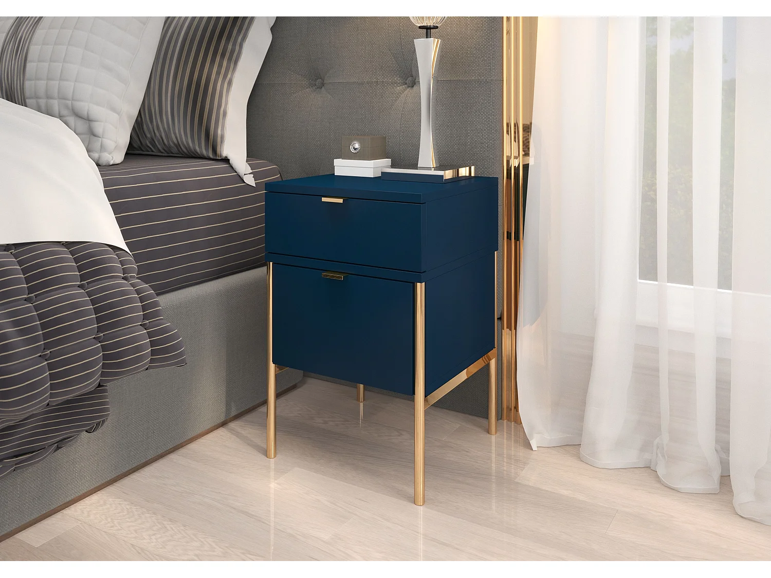 Table de chevet élégante bleu marine POLKA sur pieds dorés / 38 cm