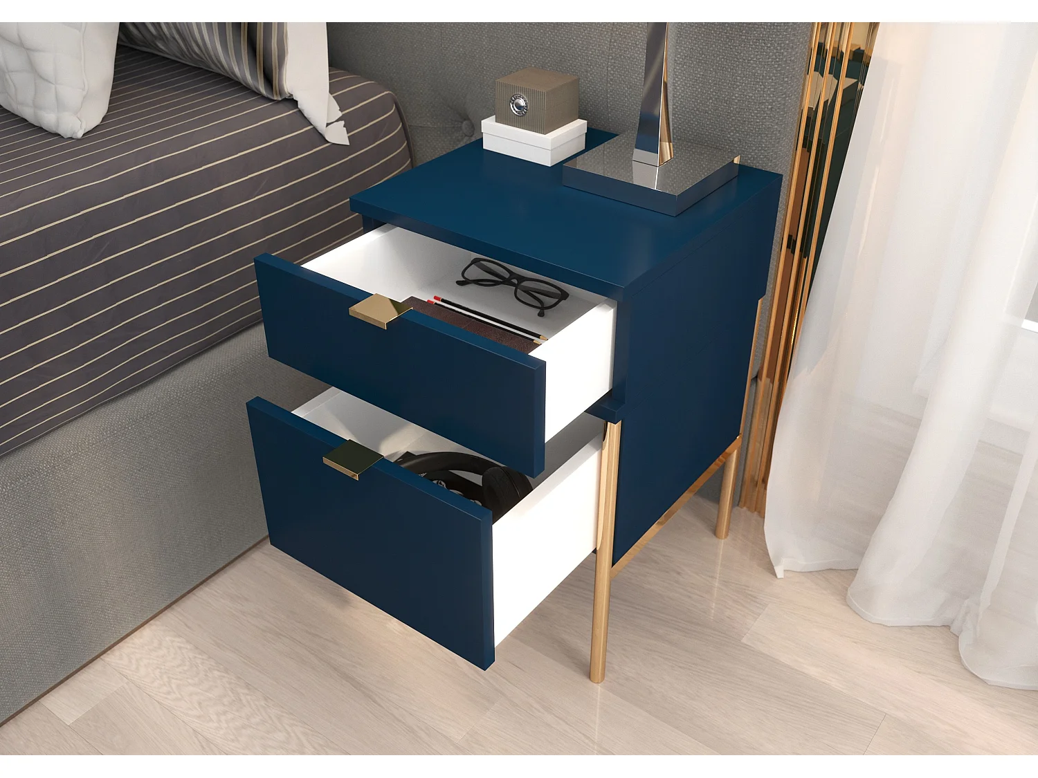 Table de chevet élégante bleu marine POLKA sur pieds dorés / 38 cm