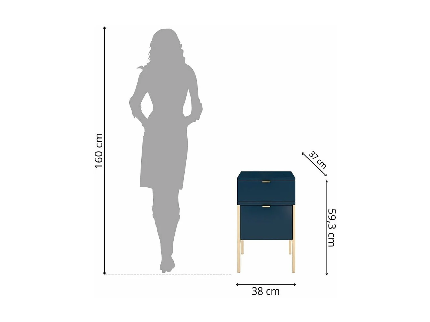 Table de chevet élégante bleu marine POLKA sur pieds dorés / 38 cm