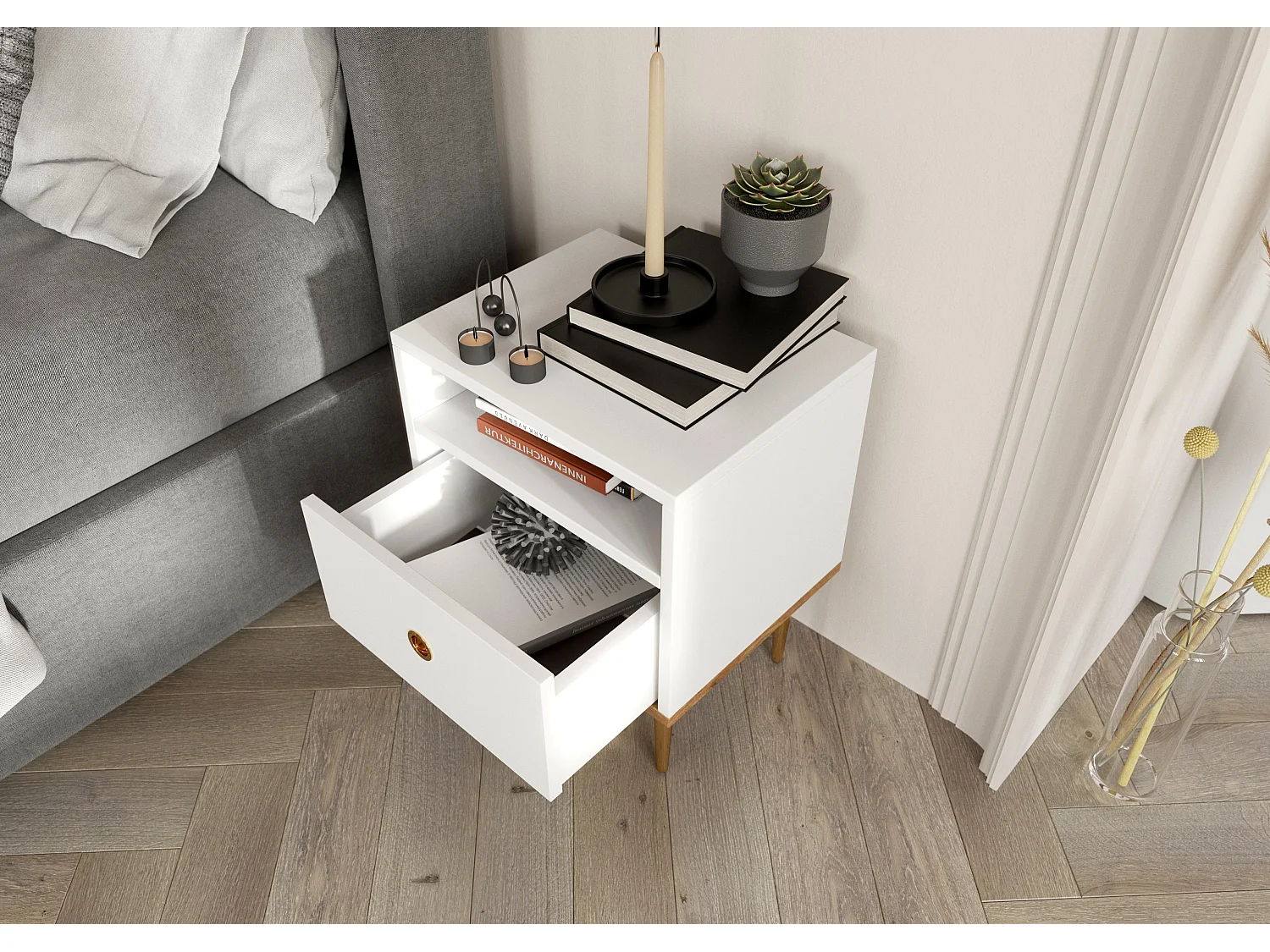 Nachttisch Harmoni, weiß, eiche, goldene details