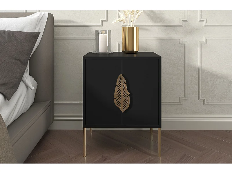 Table de chevet noire MERLIN avec accessoires dorés / 54 cm