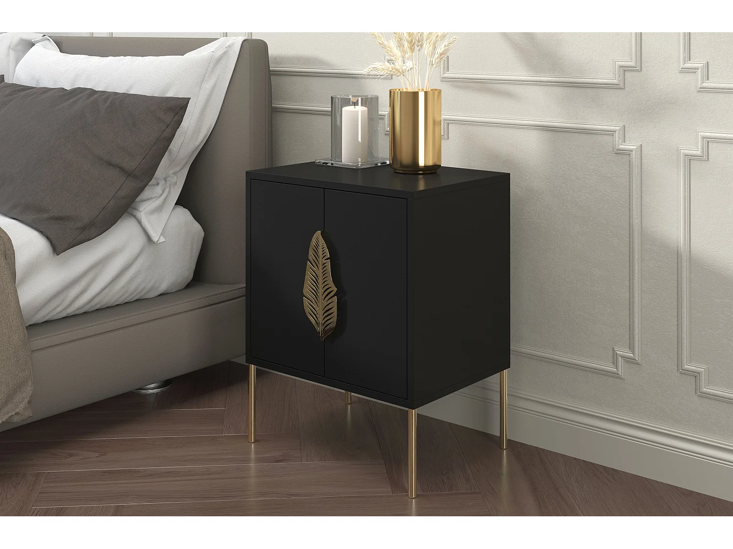 Czarna szafka nocna Skandica MERLIN ze złotymi dodatkami