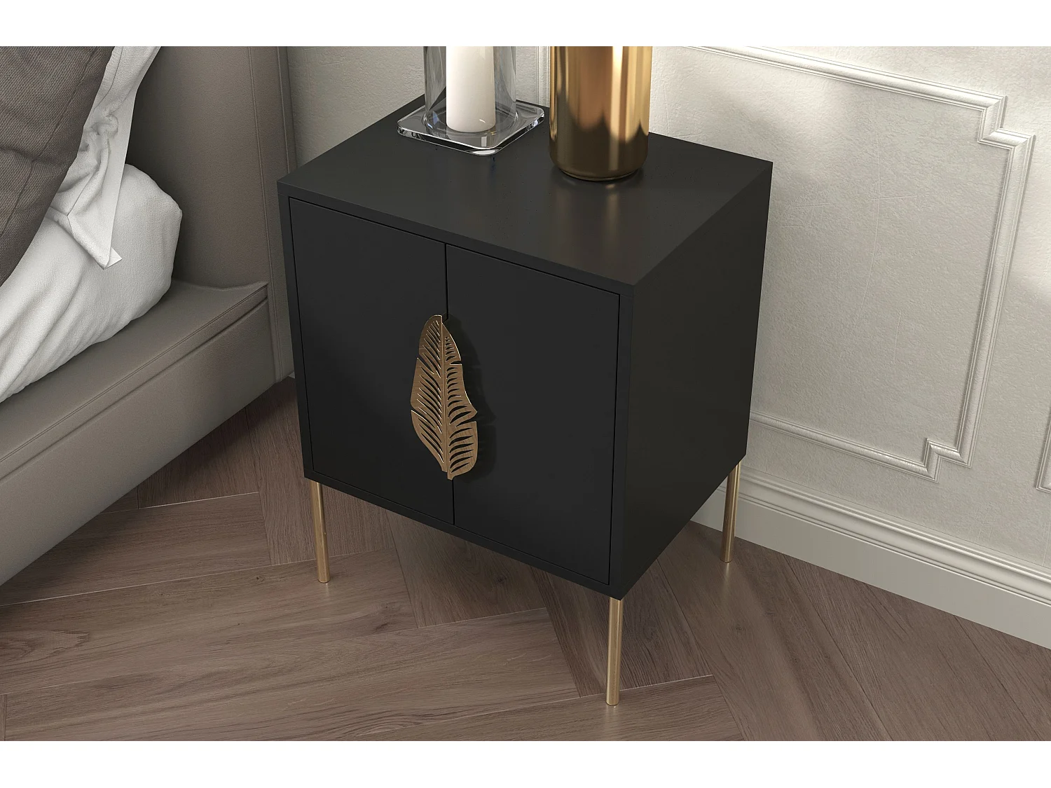 Czarna szafka nocna Skandica MERLIN ze złotymi dodatkami