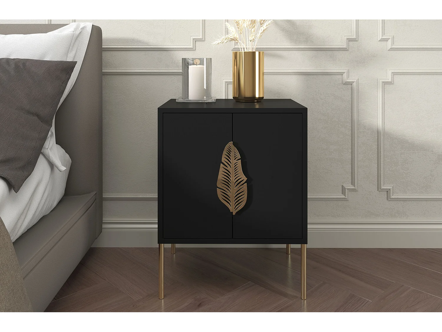 Nachttisch Merlin, schwarz, goldene details