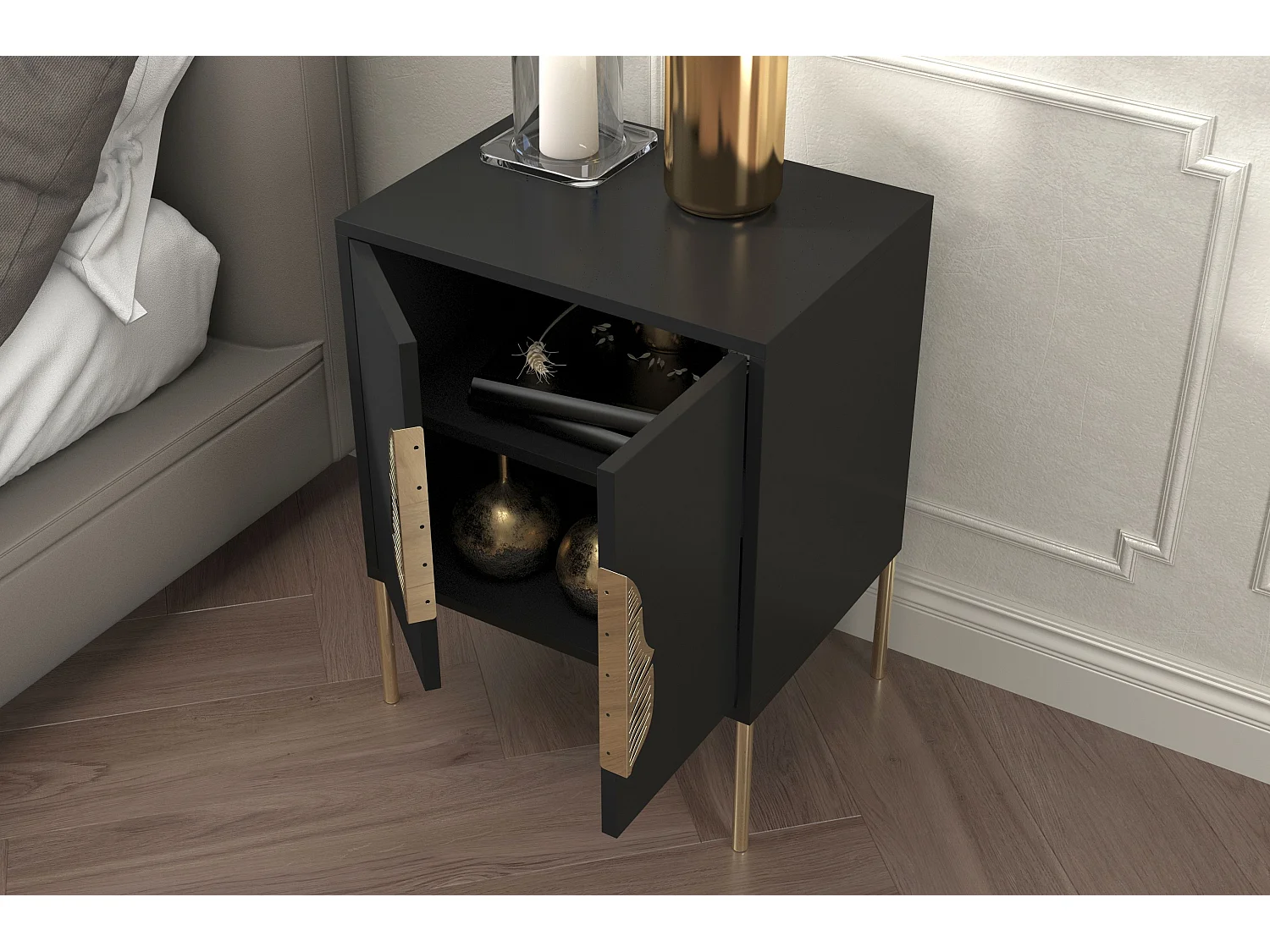 Nachttisch Merlin, schwarz, goldene details
