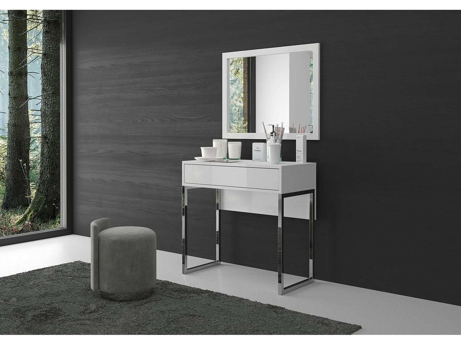 Biała nowoczesna toaletka Dancan EVA ze srebrnym stelażem