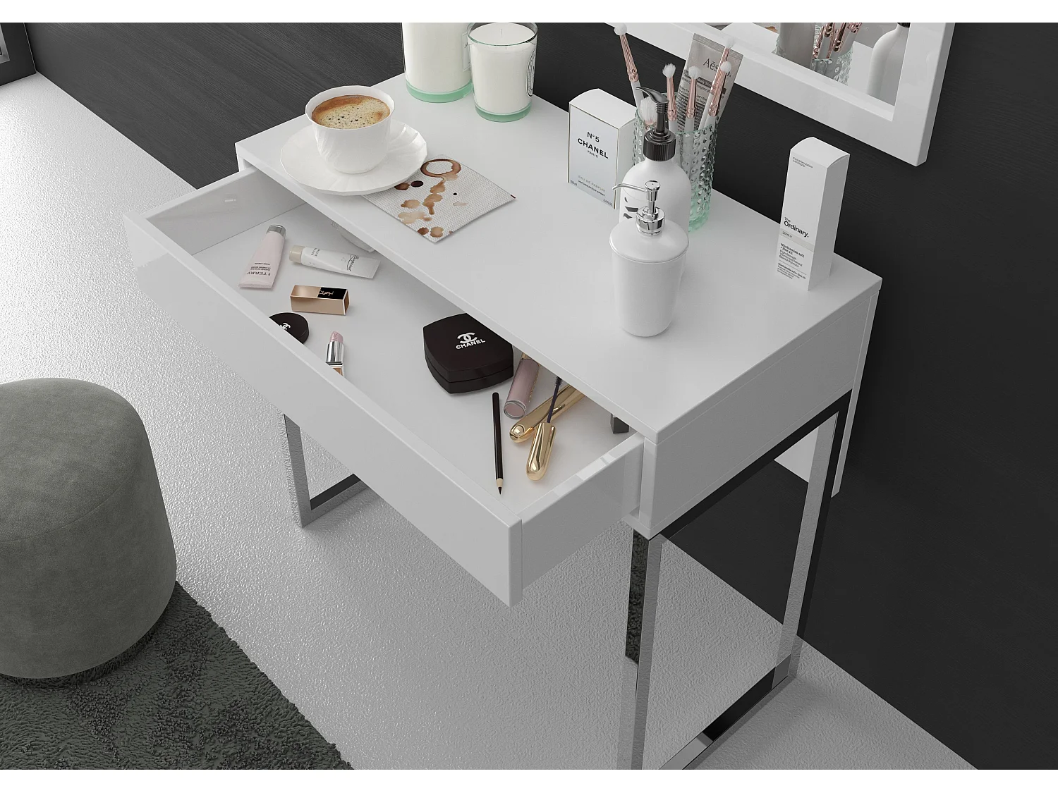 Schminktisch Eva, weiß, silberne beine, hochglanz