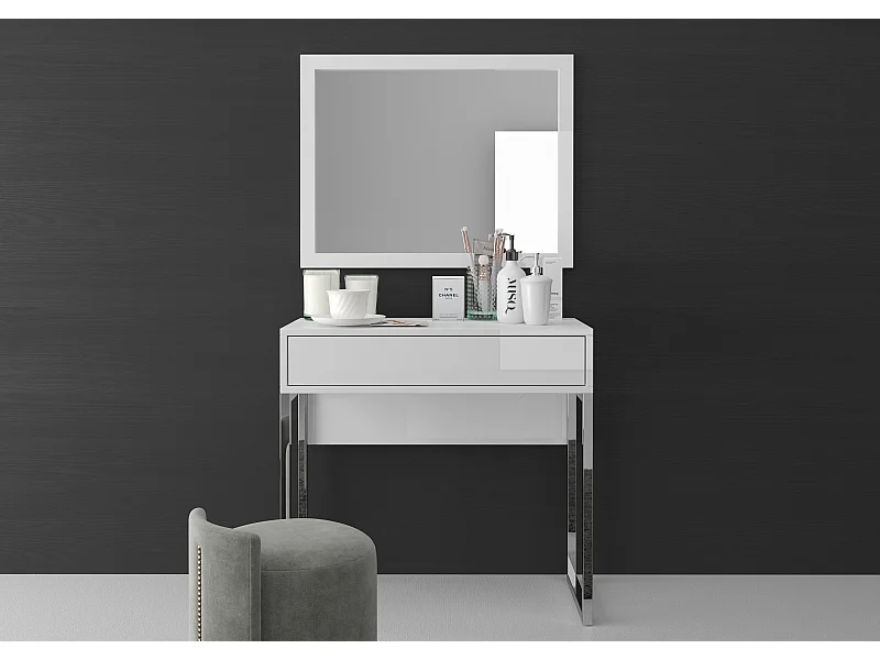 Coiffeuse EVA moderne blanche avec pieds en métal argenté / 80 cm