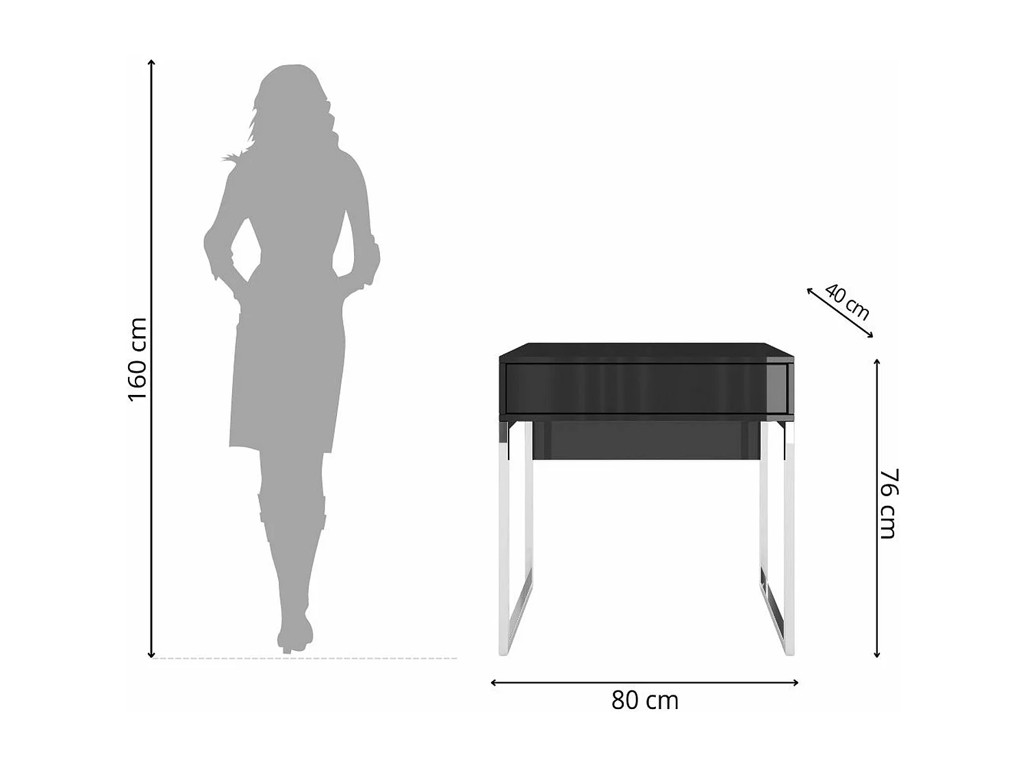 Schminktisch Eva, schwarz, silberne beine, hochglanz