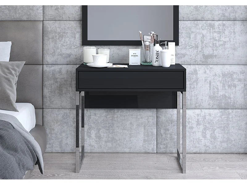 Schminktisch Eva, schwarz, silberne beine, hochglanz