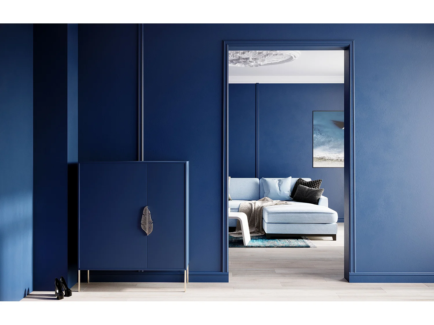 Buffet bleu marine / meuble à chaussures MERLIN avec détails dorés / 100 cm